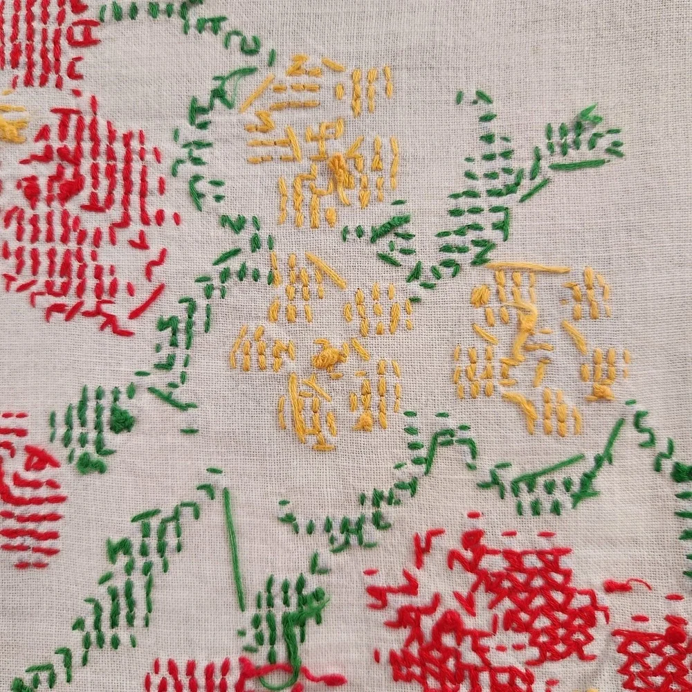 Vintage Tablecloth Hand Made Embroidered Floral Crochet Lace Trim Cottage 32x35